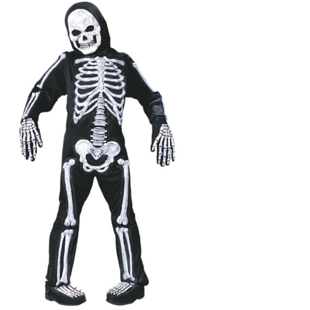 White Skeleton Halloween Costume 12/14 Skelebones 3-D Jumpsuit, Mask 6 Pc Boys